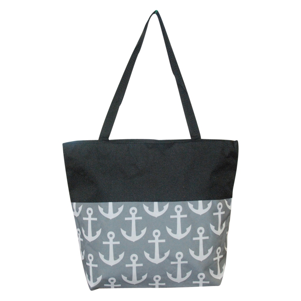 Anchor Print Tote Bag Embroidery Blanks - GRAY/BLACK TRIM - CLOSEOUT
