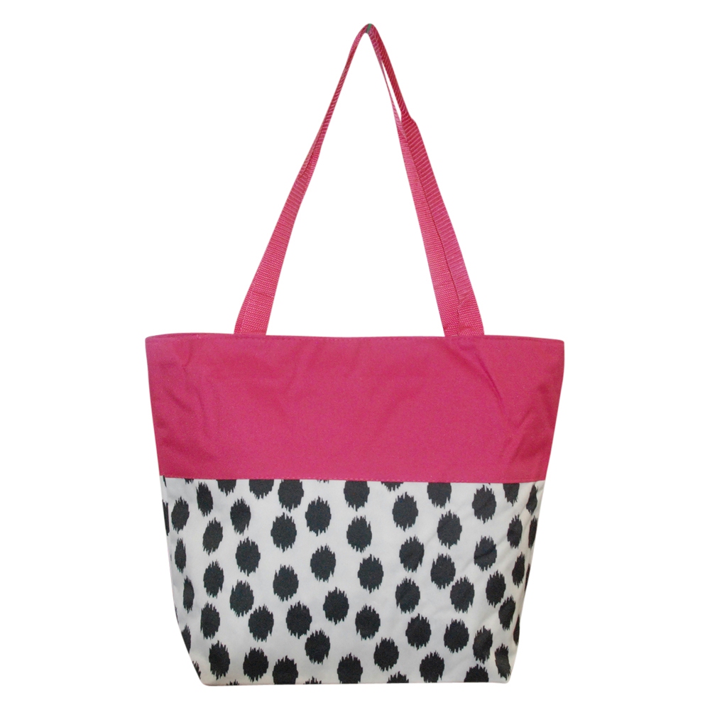 Polka Dot Ikat Print Tote Bag Embroidery Blanks - BLACK/HOT PINK TRIM - CLOSEOUT
