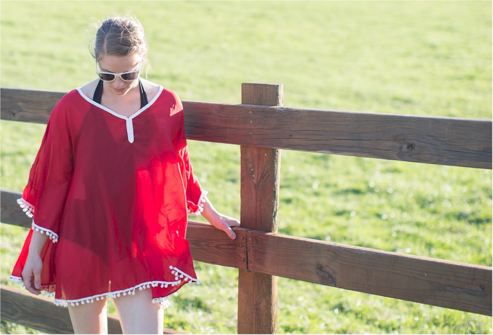 Chiffon Pom-Pom Tunic Swimsuit Cover-Up Embroidery Blanks - RED/WHITE - CLOSEOUT