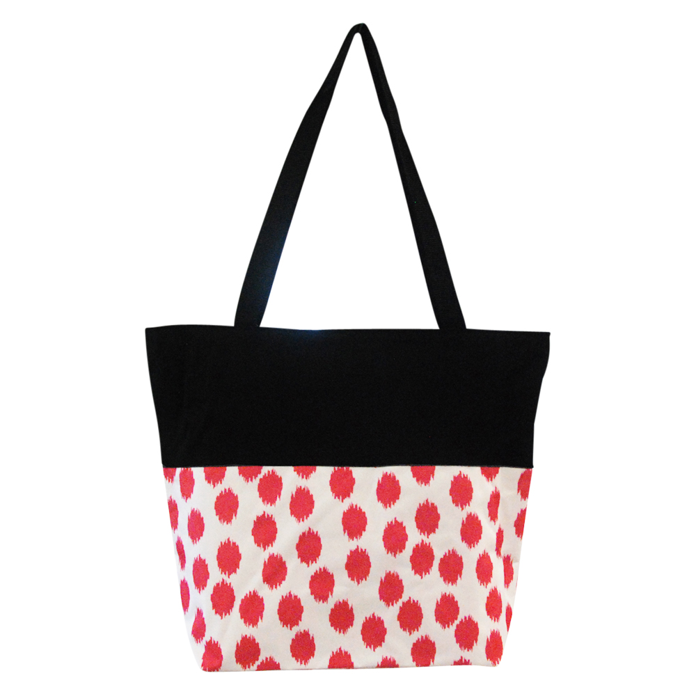 Polka Dot Ikat Print Tote Bag Embroidery Blanks - HOT PINK/BLACK TRIM - CLOSEOUT