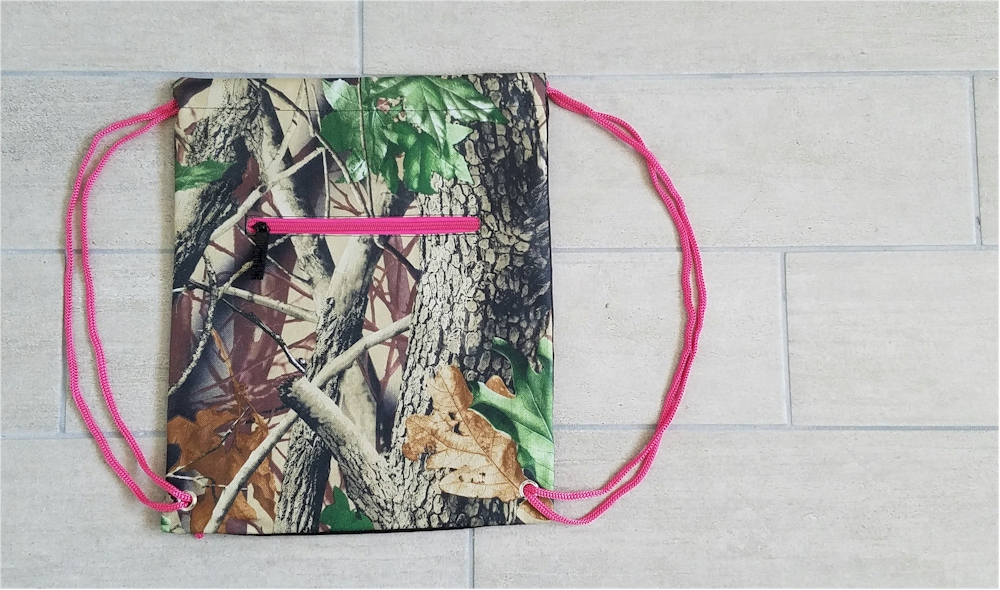 Natural Camo Print Gym Bag Drawstring Pack Embroidery Blanks - HOT PINK TRIM - CLOSEOUT