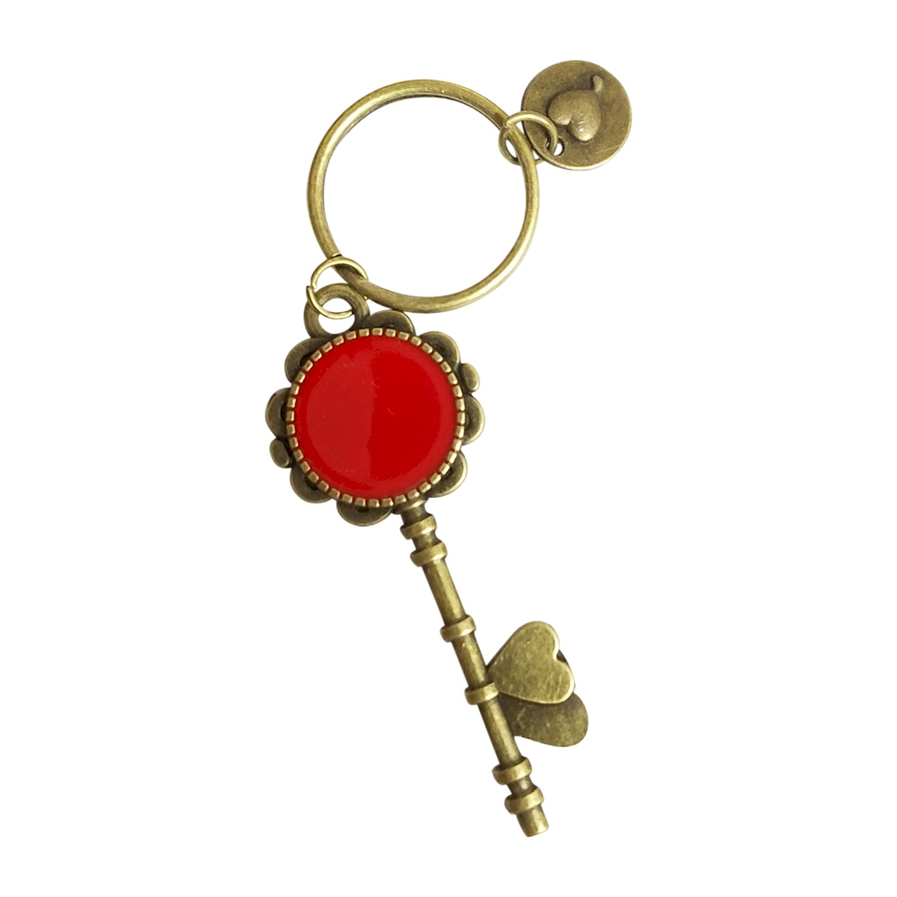 Enamel Skeleton Key Chain in Antique Bronze with Heart Accents - RED - CLOSEOUT