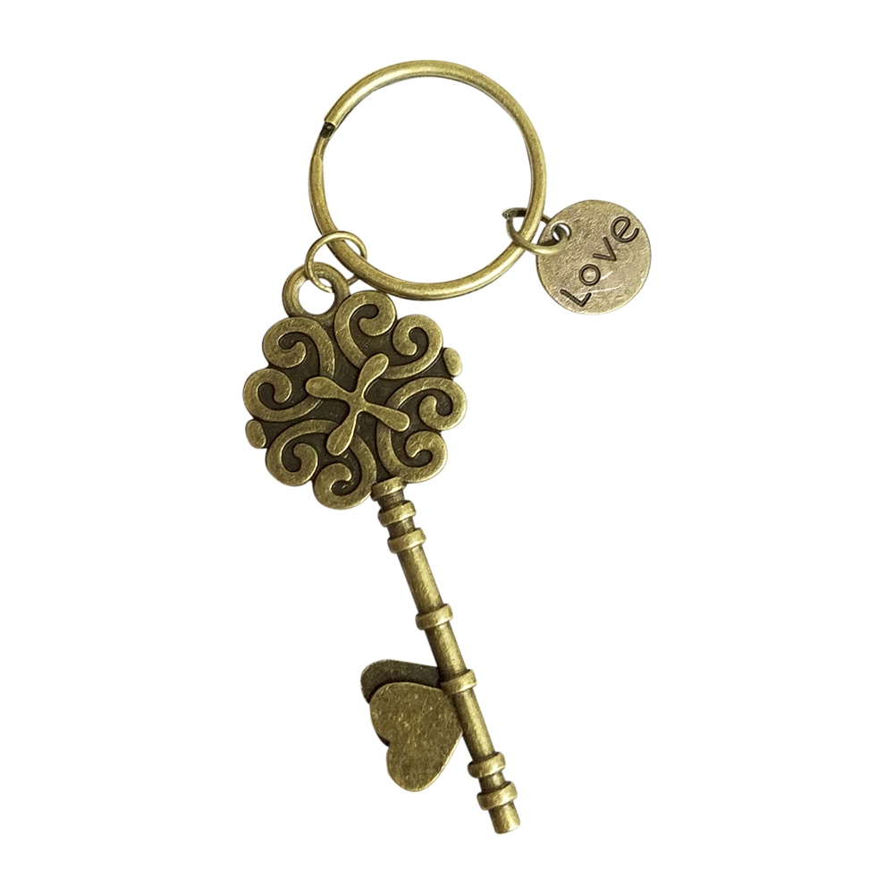 Enamel Skeleton Key Chain in Antique Bronze with Heart Accents - LIPSTICK PINK - CLOSEOUT