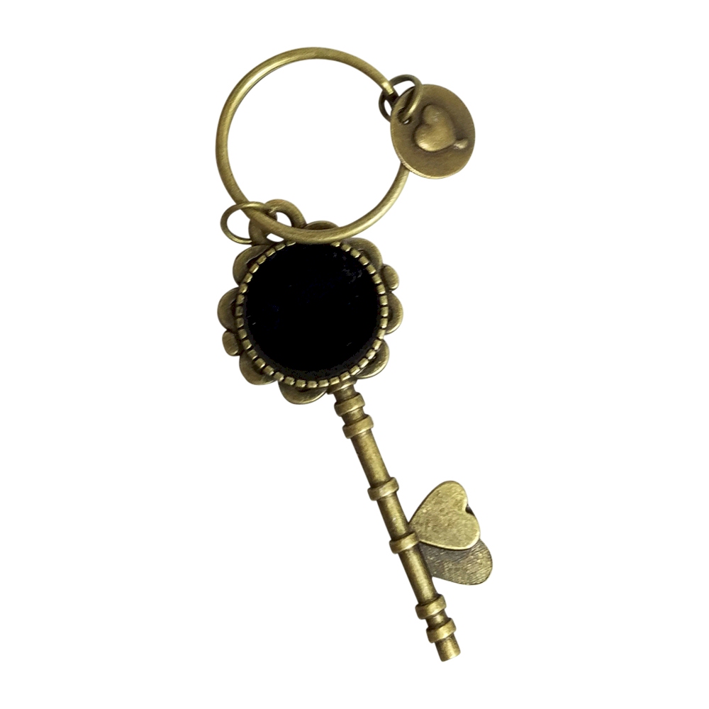 Enamel Skeleton Key Chain in Antique Bronze with Heart Accents - BLACK - CLOSEOUT