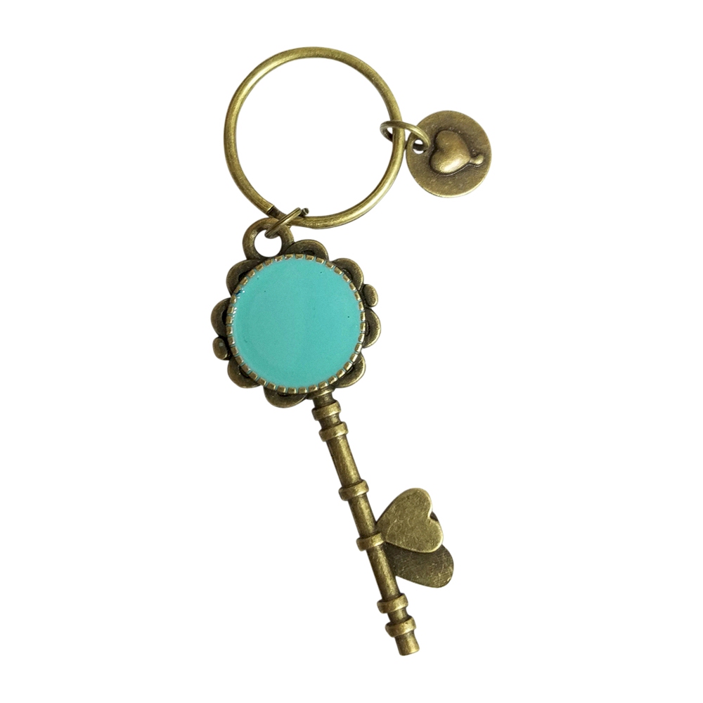 Enamel Skeleton Key Chain in Antique Bronze with Heart Accents - MINT - CLOSEOUT