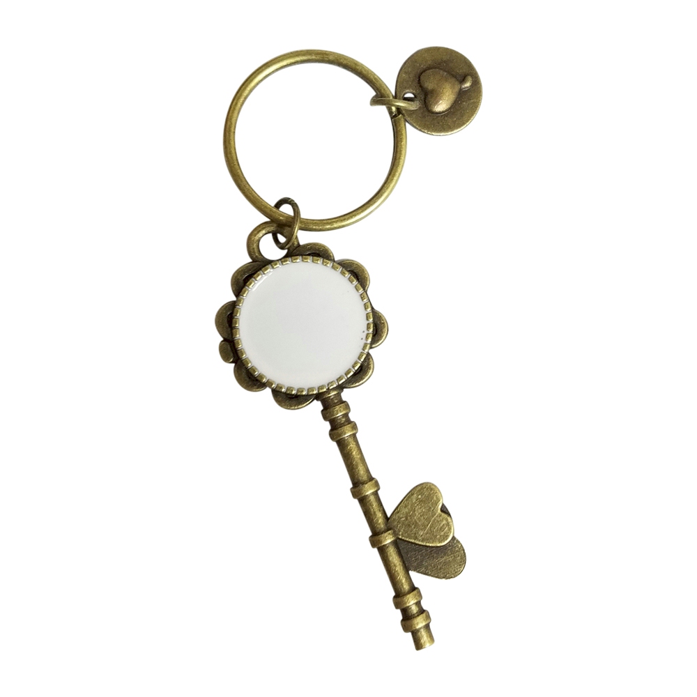 Enamel Skeleton Key Chain in Antique Bronze with Heart Accents - WHITE - CLOSEOUT
