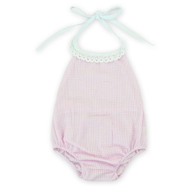 The Coral Palms® Gingham Lace Halter Top Bubble Romper - LIGHT PINK - CLOSEOUT