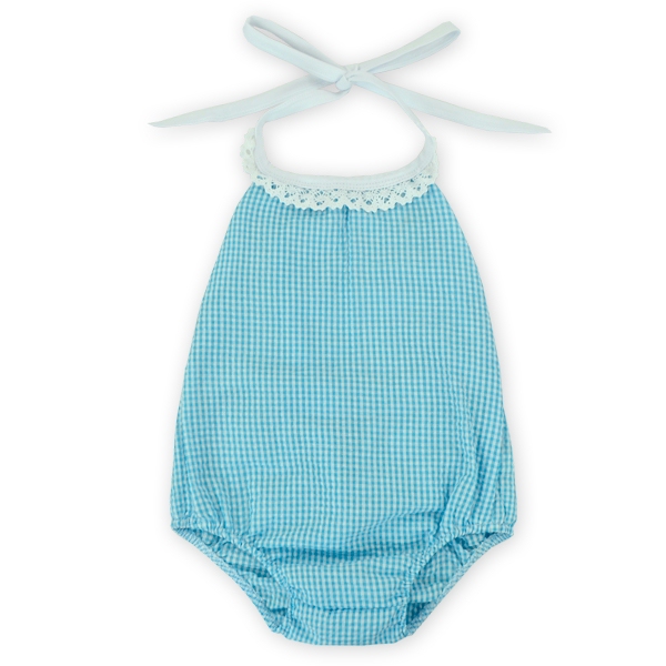 The Coral Palms® Gingham Lace Halter Top Bubble Romper - TURQUOISE - CLOSEOUT