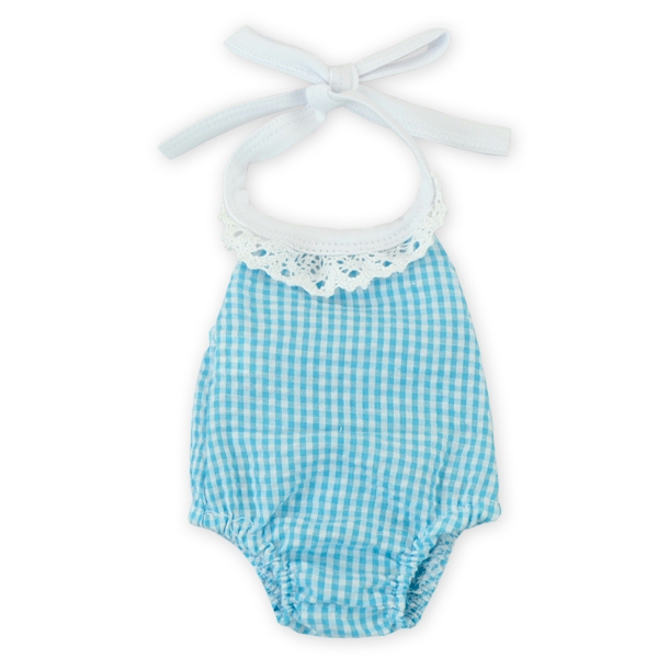 Gingham Lace Halter Top Bubble Romper for 18" Dolls - TURQUOISE - CLOSEOUT