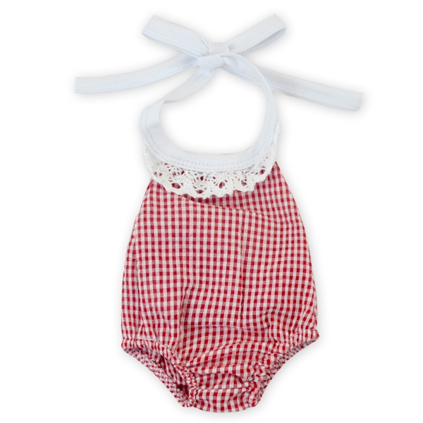 Gingham Lace Halter Top Bubble Romper for 18" Dolls - RED - CLOSEOUT
