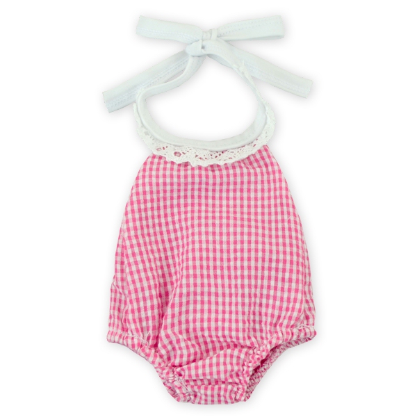 Gingham Lace Halter Top Bubble Romper for 18" Dolls - HOT PINK - CLOSEOUT