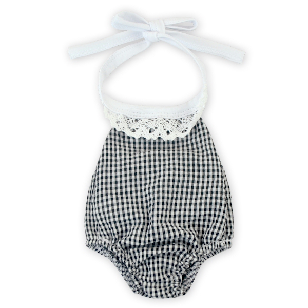 Gingham Lace Halter Top Bubble Romper for 18" Dolls - BLACK - CLOSEOUT