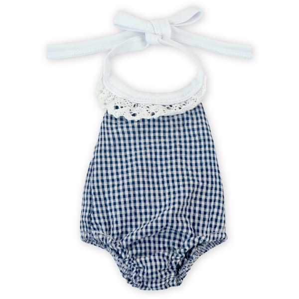 Gingham Lace Halter Top Bubble Romper for 18" Dolls - NAVY - CLOSEOUT