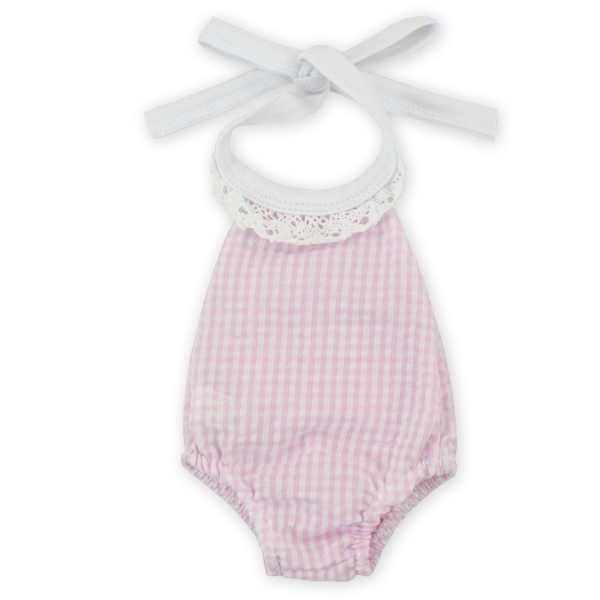 Gingham Lace Halter Top Bubble Romper for 18" Dolls - LIGHT PINK - CLOSEOUT