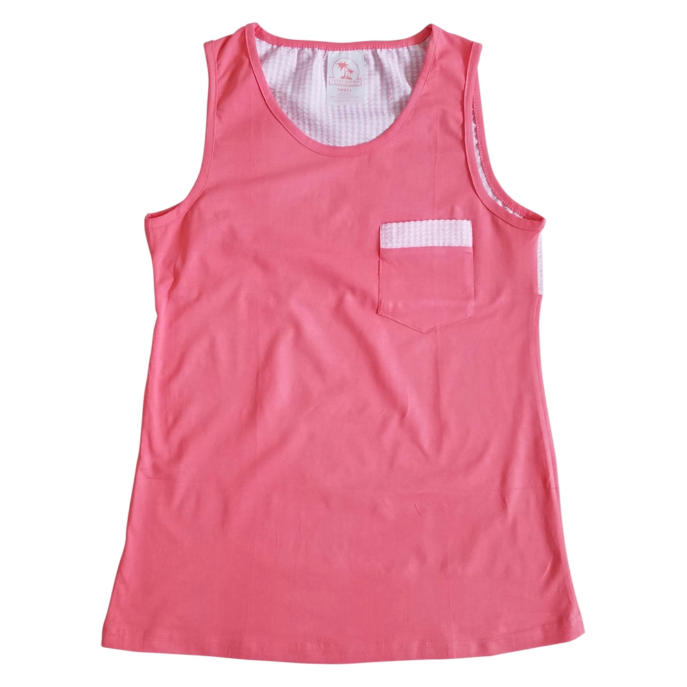 Gingham Pocket Tank Top Embroidery Blanks - CORAL - CLOSEOUT
