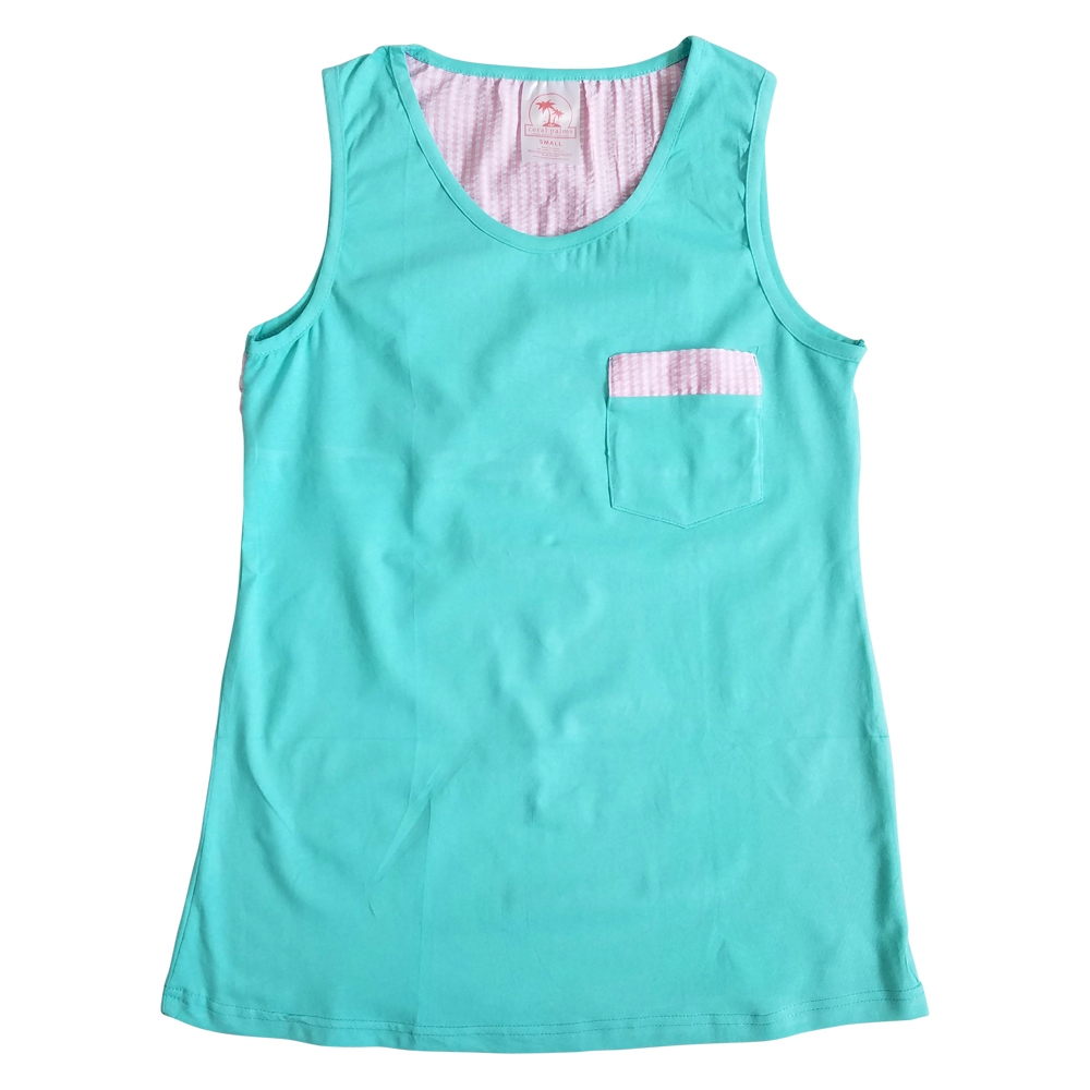 Gingham  Pocket Tank Top Embroidery Blanks - MINT - CLOSEOUT