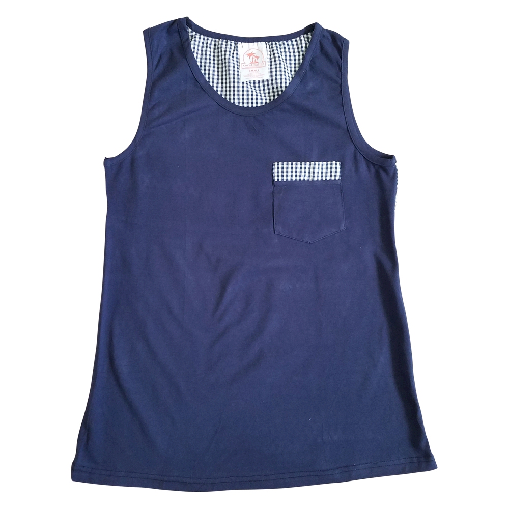 Gingham  Pocket Tank Top Embroidery Blanks - NAVY - CLOSEOUT