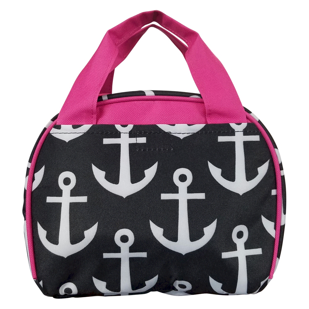 Anchor Print Lunch Bag Tote Embroidery Blanks -  BLACK/HOT PINK TRIM
