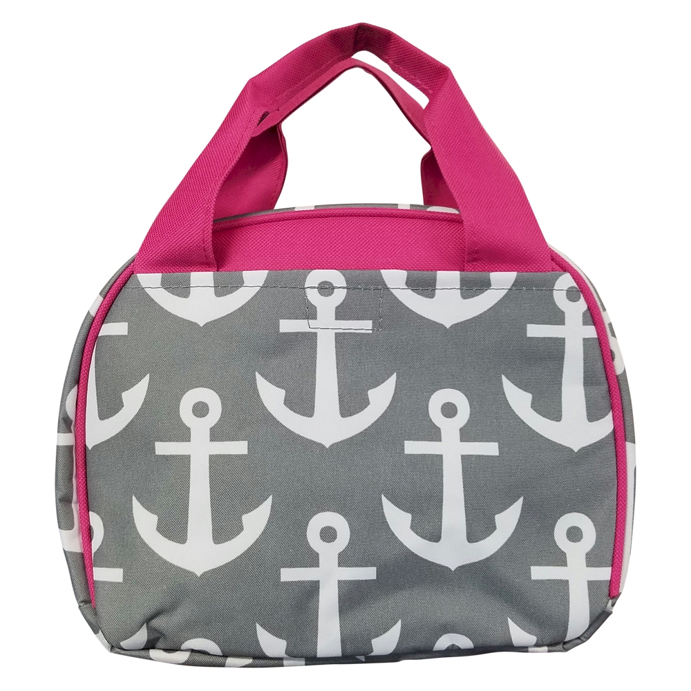 Anchor Print Lunch Bag Tote Embroidery Blanks -  GRAY/HOT PINK TRIM - CLOSEOUT