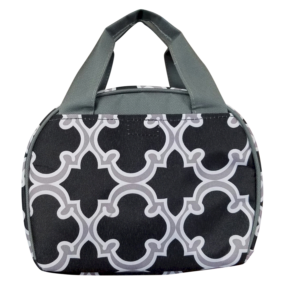 Quatrefoil Print Lunch Bag Tote Embroidery Blanks -  BLACK/GRAY TRIM - CLOSEOUT