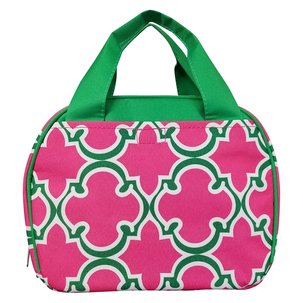 Quatrefoil Print Lunch Bag Tote Embroidery Blanks -  HOT PINK/GREEN TRIM - CLOSEOUT