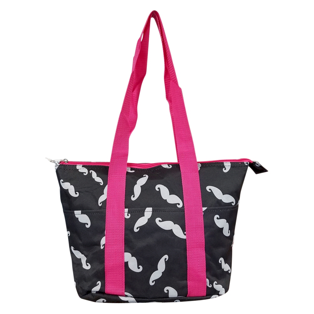 Moustache Print Lunch Bag Purse Tote Embroidery Blanks -  HOT PINK TRIM - CLOSEOUT