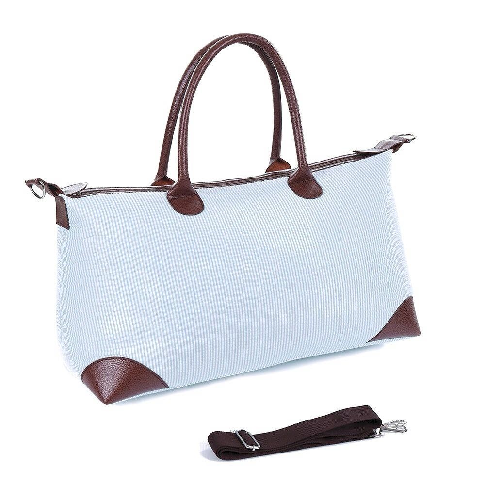 Luxurious Seersucker Weekender Bag - AQUA - IRREGULAR ZIPPER PULL