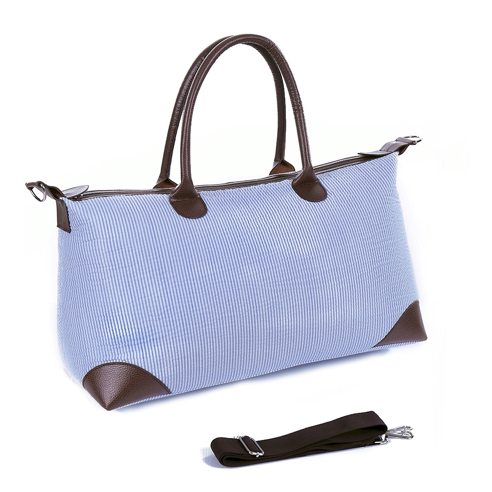 Luxurious Seersucker Weekender Bag - NAVY - IRREGULAR ZIPPER PULL