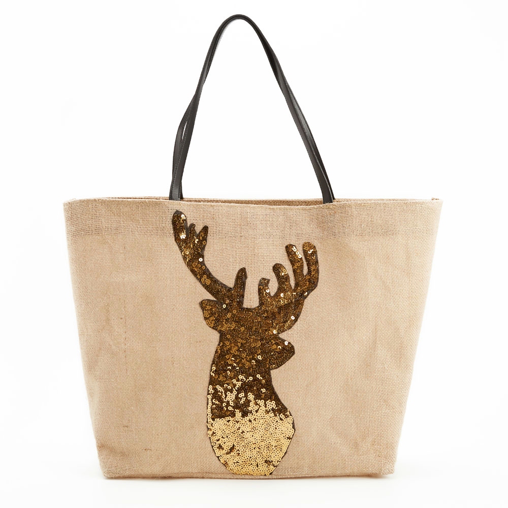 Sequin Gold Stag Jute Tote - CLOSEOUT
