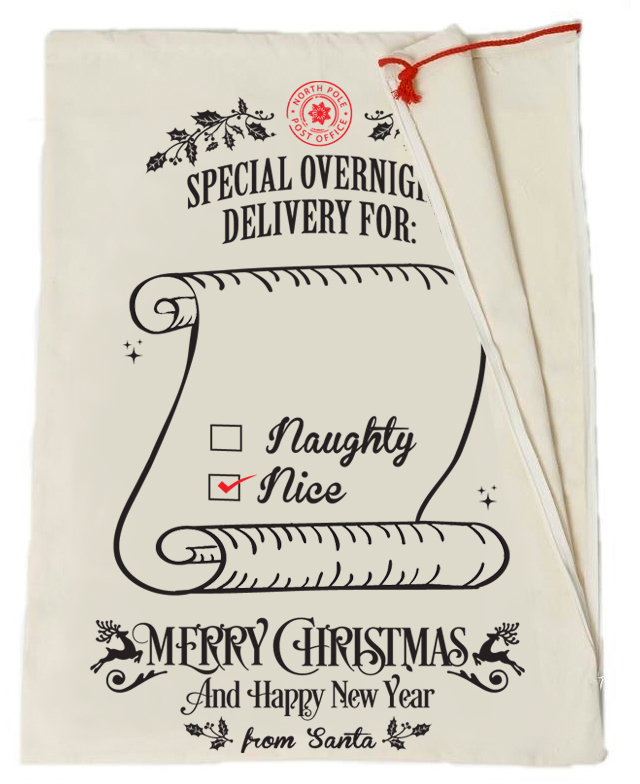 EasyStitch Christmas Gift Bag Blank With Invisible Zipper For Easy Embroidery - NAUGHTY OR NICE CLOSEOUT