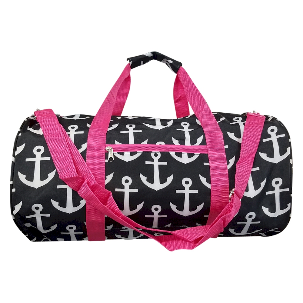 Anchor Print Duffel Bag Embroidery Blanks - BLACK/HOT PINK TRIM - CLOSEOUT