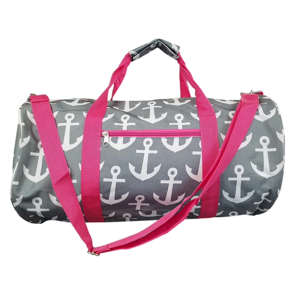 Anchor Print Duffel Bag Embroidery Blanks - GRAY/HOT PINK TRIM - CLOSEOUT