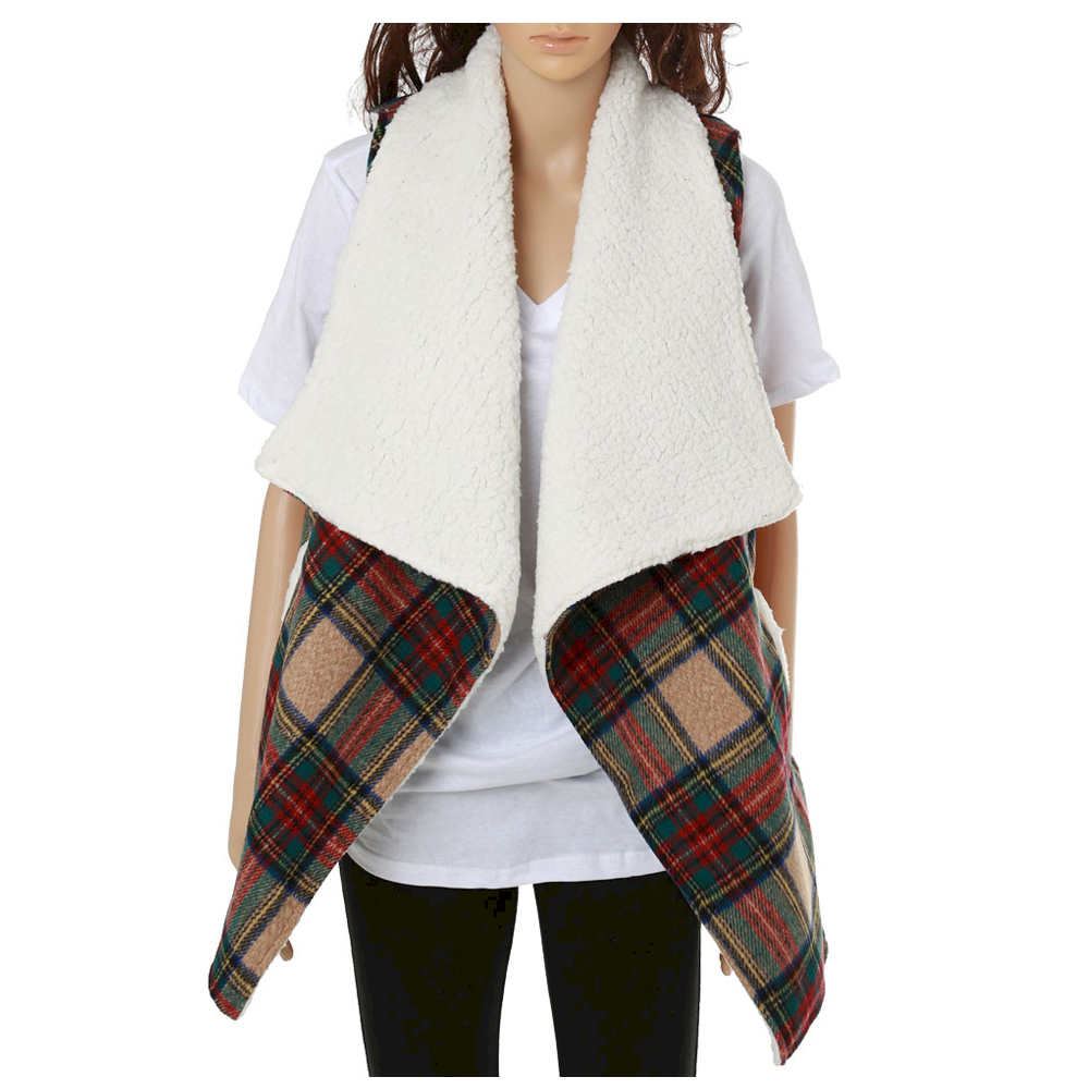 Plaid Vest with Super-Soft Sherpa Lining - CAMEL - CLOSEOUT