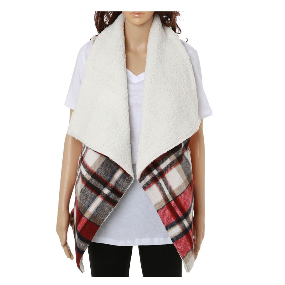 Plaid Vest with Super-Soft Sherpa Lining - RED/IVORY - CLOSEOUT