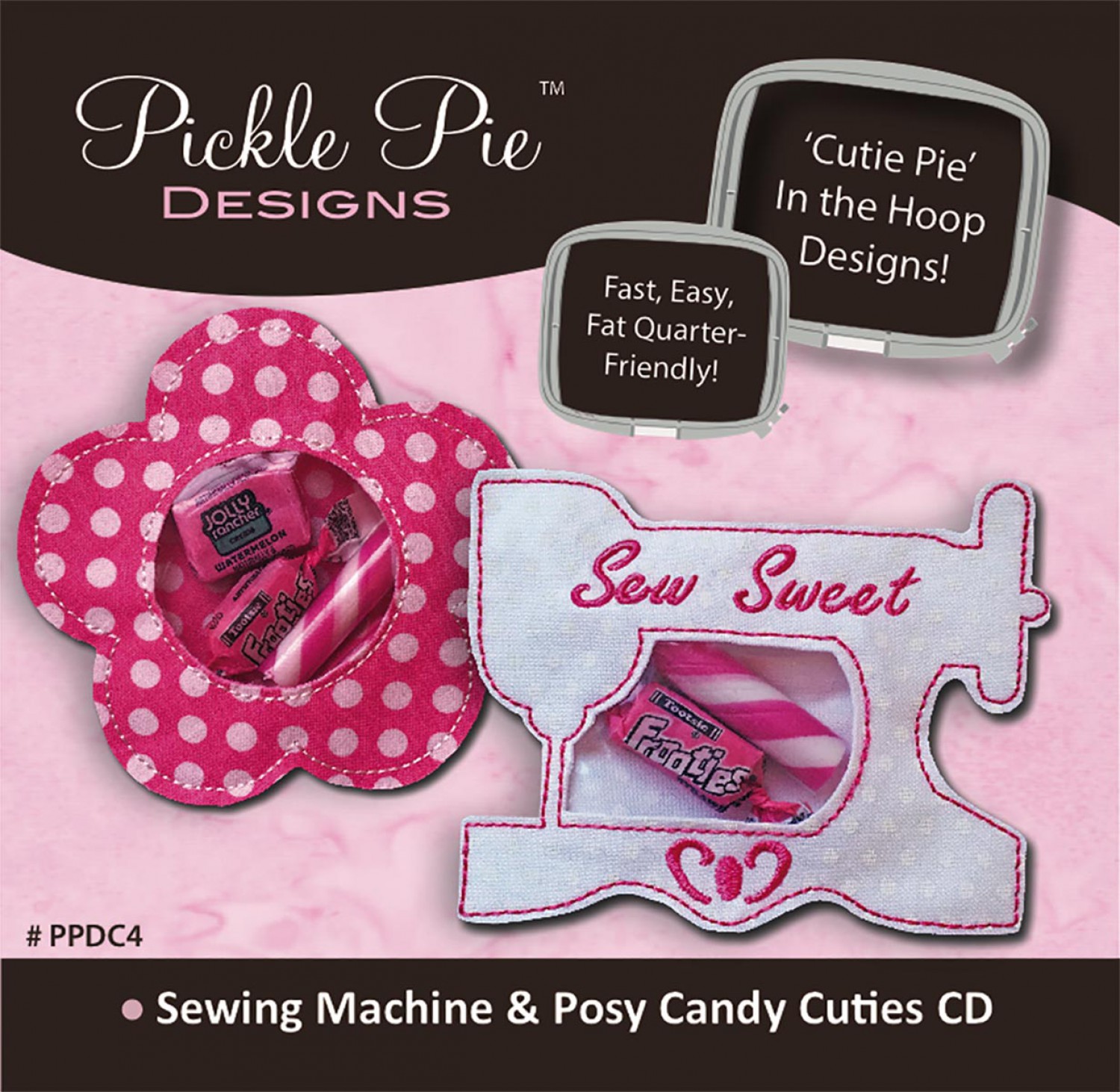 Sewing Machine and Posy Candy Cuties Collection Embroidery Designs on CD-ROM by Pickle Pie Designs