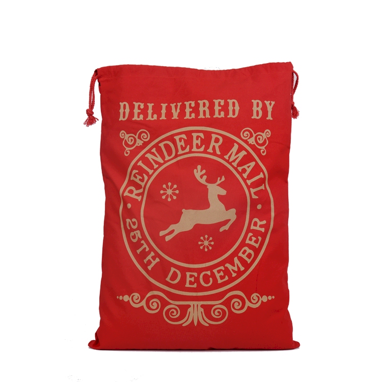 Red Canvas Christmas Drawstring Gift Bag - Reindeer Mail - CLOSEOUT