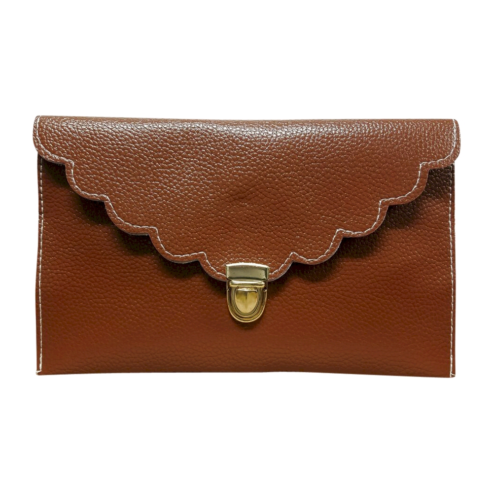 Scalloped Leatherette Envelope Clutch Purse Embroidery Blank With Detachable Gold Shoulder Chain - DARK BROWN