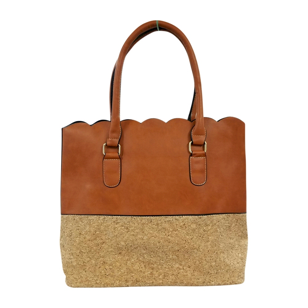 Luxurious Scalloped Faux Leather & Cork Purse - CORK/LIGHT BROWN - CLOSEOUT