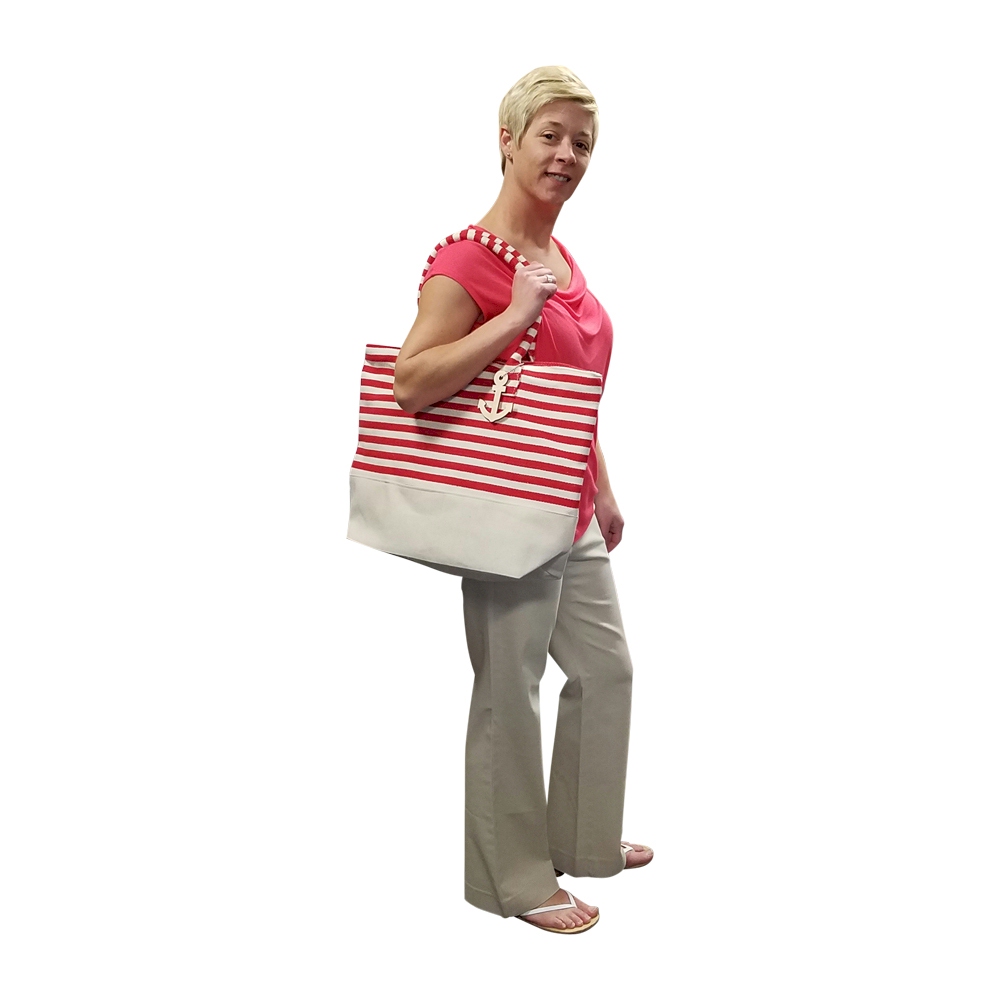 Jumbo Nautical Stripe Tote Bag Embroidery Blanks - RED/NATURAL - CLOSEOUT
