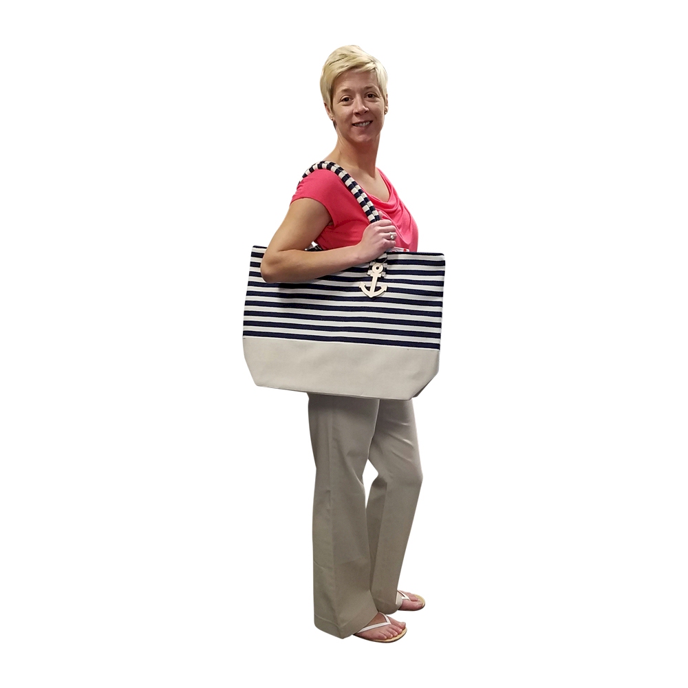 Jumbo Nautical Stripe Tote Bag Embroidery Blanks - NAVY/NATURAL - CLOSEOUT