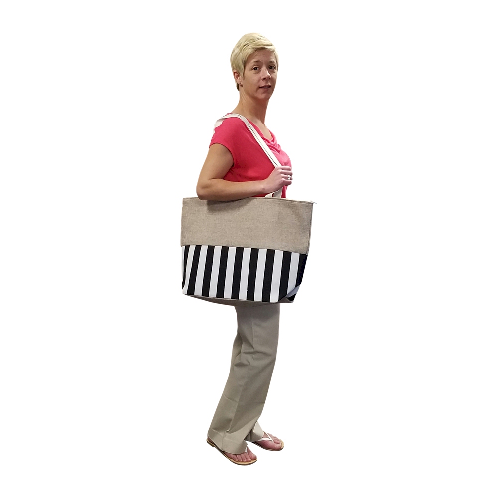 Oversized Cabana Stripe Tote Bag Embroidery Blanks - BLACK/WHITE - CLOSEOUT