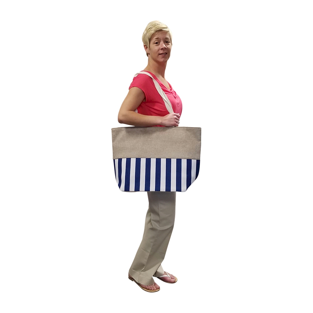 Oversized Cabana Stripe Tote Bag Embroidery Blanks - NAVY/WHITE - CLOSEOUT
