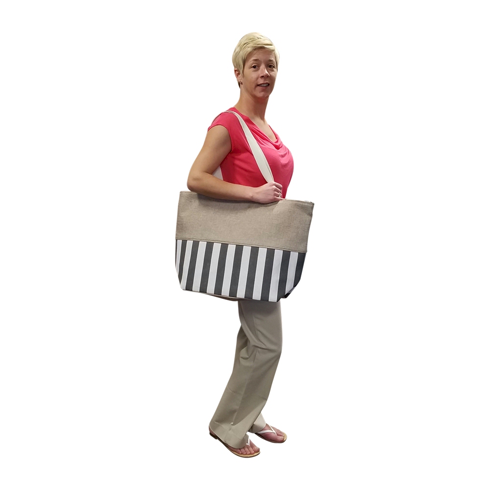 Oversized Cabana Stripe Tote Bag Embroidery Blanks - GRAY/WHITE - CLOSEOUT