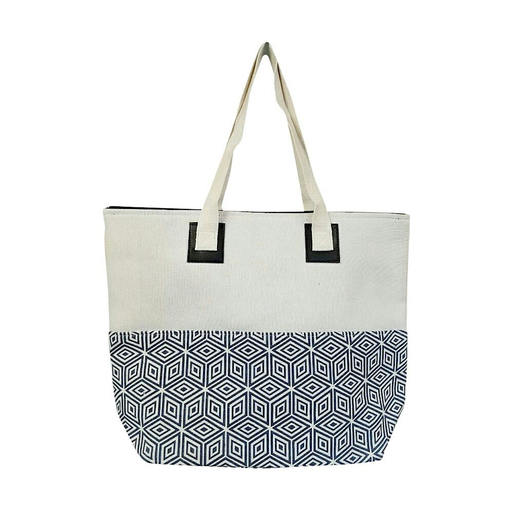 Large Geometric Print Tote Bag Embroidery Blanks - BLUE/NATURAL