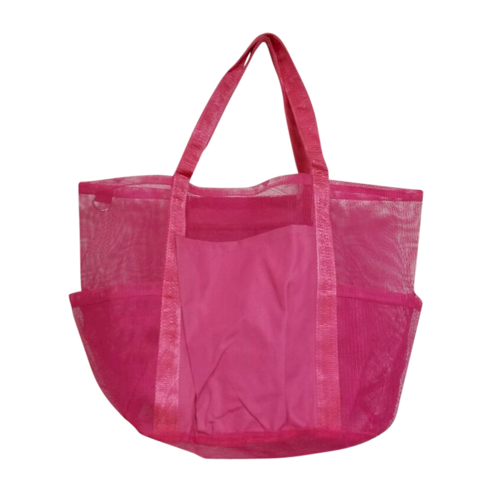 Oversized Multi-Pocket Mesh Beach Tote Bag - HOT PINK - CLOSEOUT