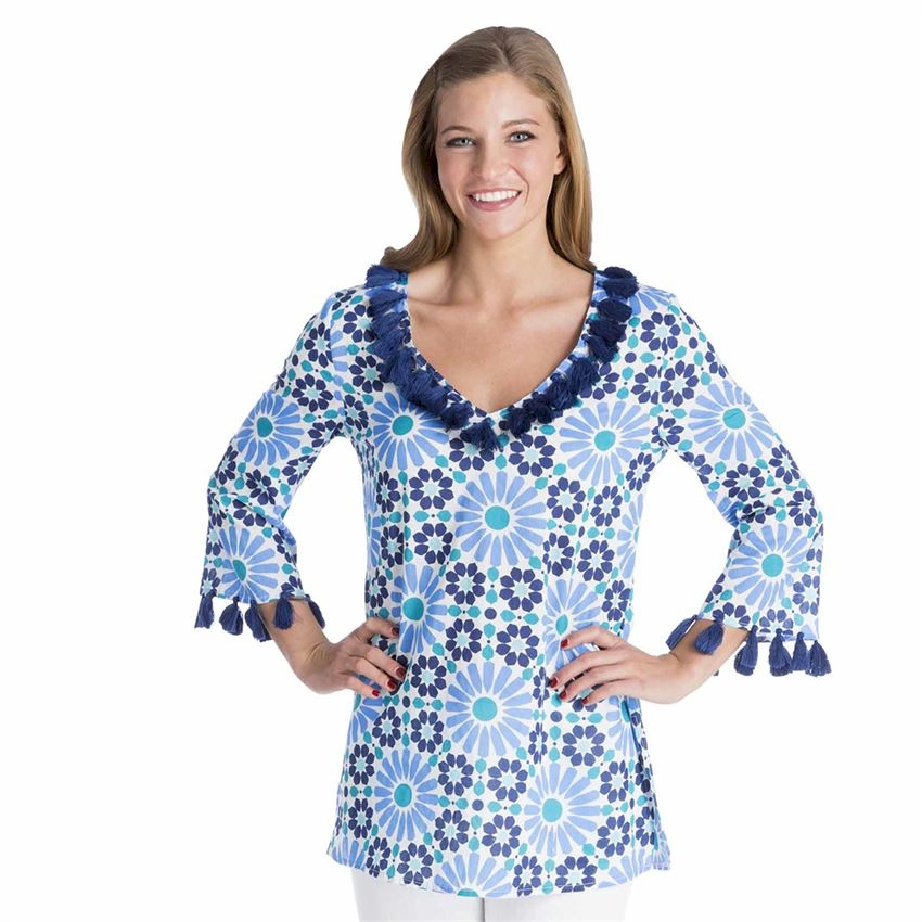 Mud Pie Tassel Tunic Cover-Up Navy & Light Blue Pool Tile - CLOSEOUT