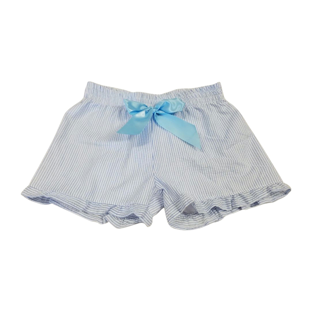 The Coral Palms® Ruffle Seersucker Shorts with Ribbon Bow - BLUE - CLOSEOUT