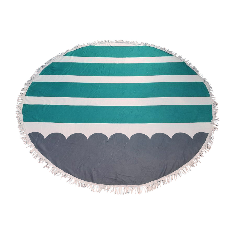 Waves & Stripes Print 60" Round Fringed Beach Towel - TEAL/GRAY - CLOSEOUT