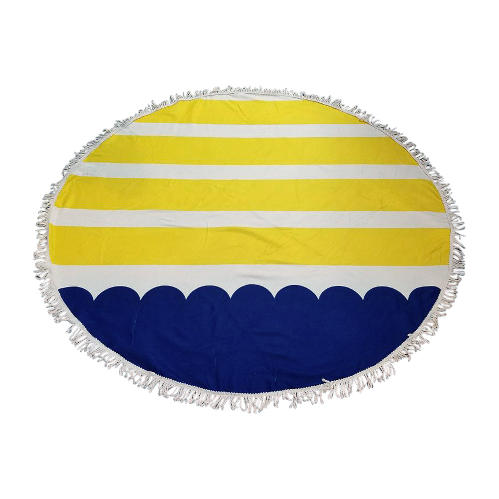 Waves & Stripes Print 60" Round Fringed Beach Towel - YELLOW/BLUE - CLOSEOUT