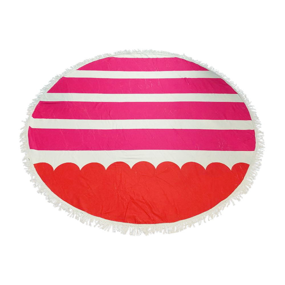 Waves & Stripes Print 60" Round Fringed Beach Towel - HOT PINK/ORANGE - CLOSEOUT